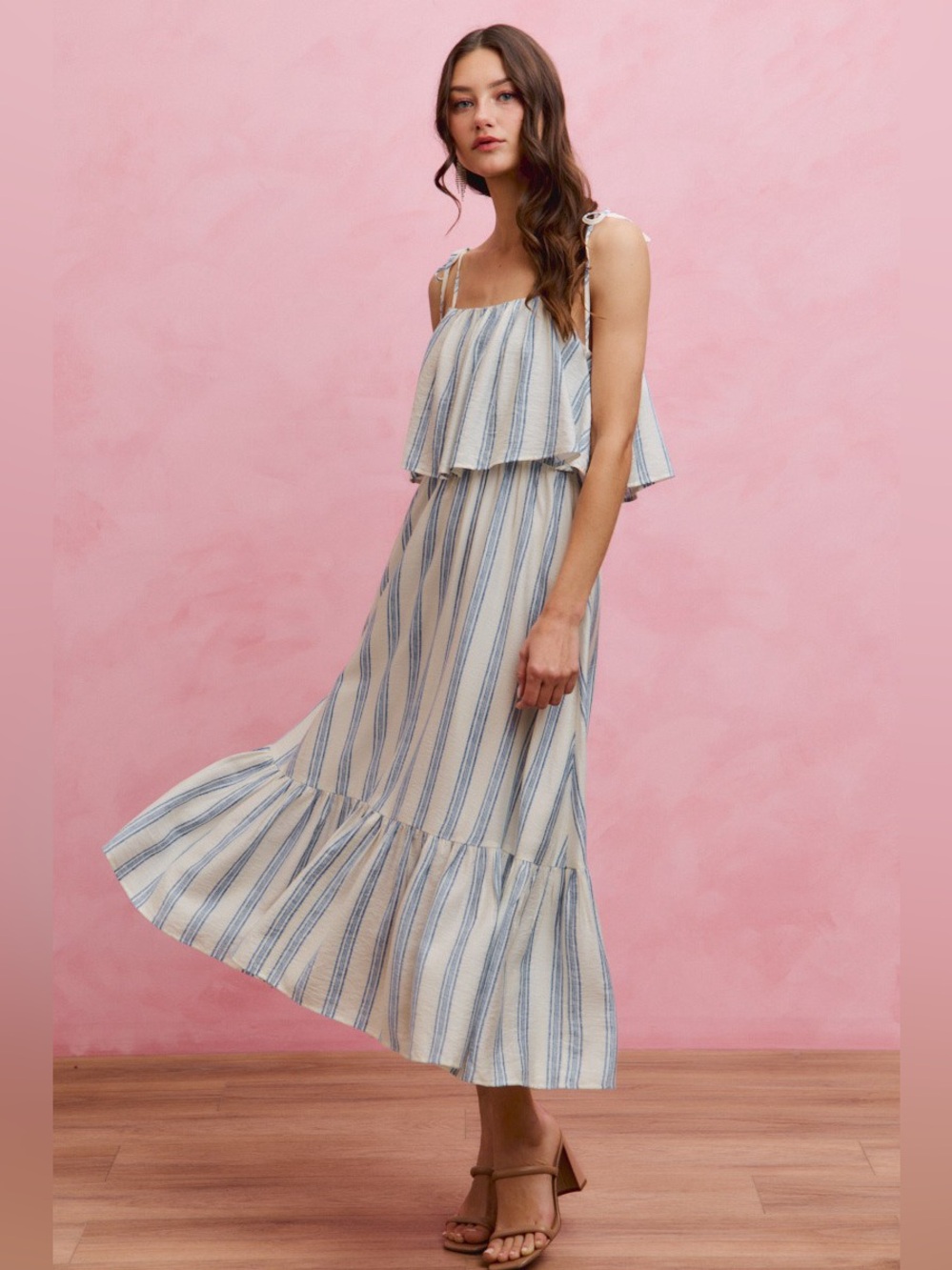 SO ME Stripe Tiered Shoulder Tie Midi Lined Dress - Picture 4 of 15